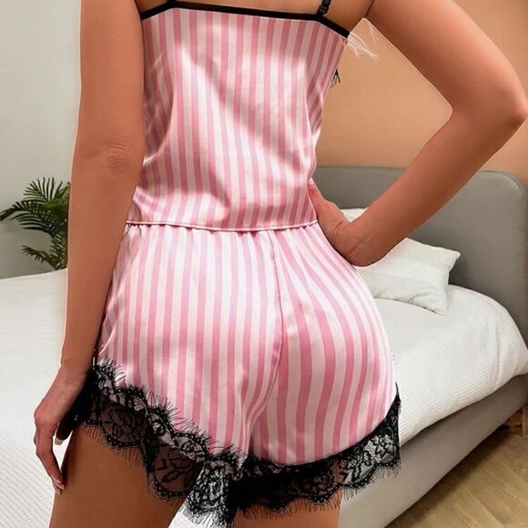 Satin Striped Top and Shorts Pajama Sleepwear Set - Picture 5 of 8